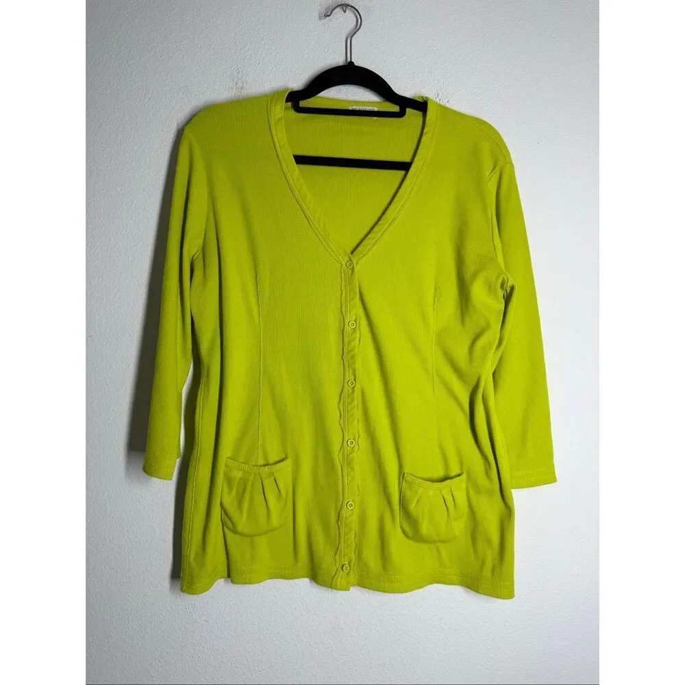 Melrose Chic Women’s Cardigan Size L Neon Green Ribbed Button Front Stretch Top